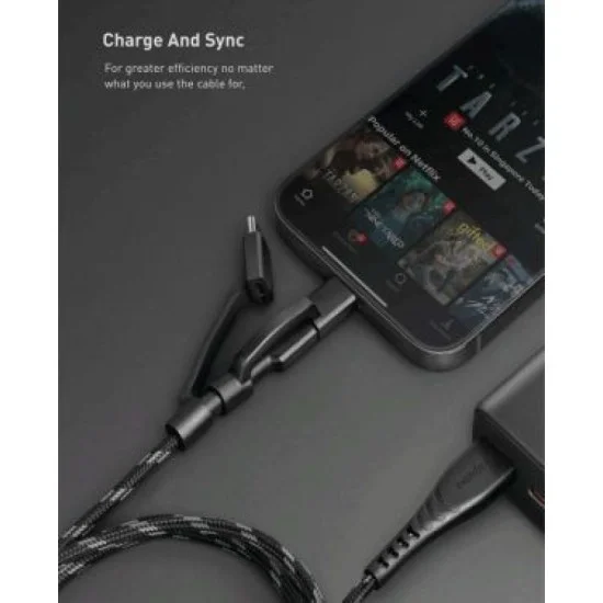 ENERGEA NYLOFLEX 3-IN-1 MICROUSB + LIGHTNING MFI (C89) + USB-C  CHARGE & SYNC CABLE, 1.5M BLACK